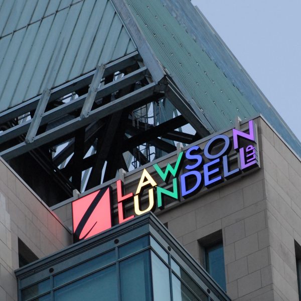 RGB LED channel letter sign fabricated and installed on the exterior side of the Lawson Lundell building located in Vancouver.