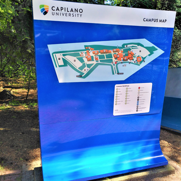 Capilano's map sign shows the exact location of campus buildings
