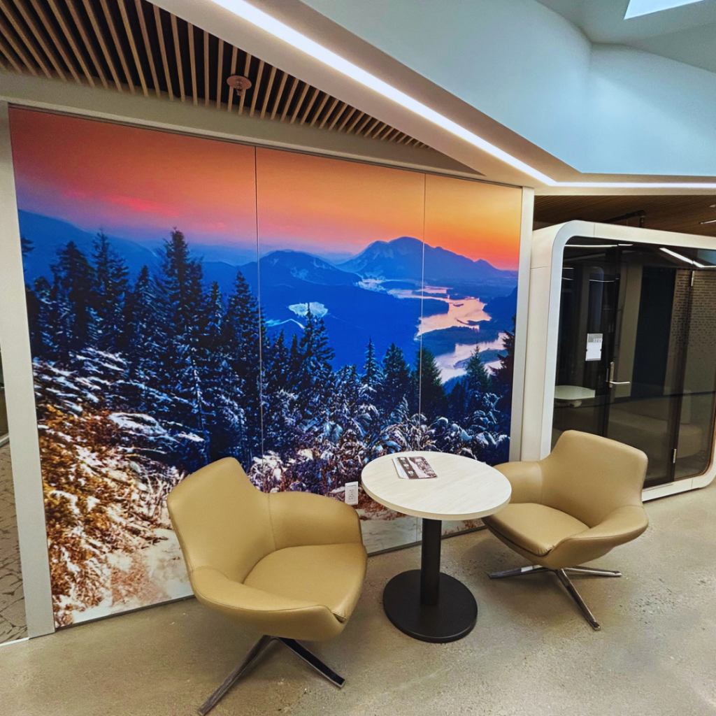 Decorative wall graphic in the lobby area of University of Fraser Valley
